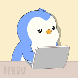 A blue cartoon penguin stares wearily at a laptop.