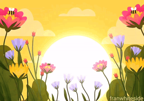 A bright illustrated sunrise rises among colorful flowers.