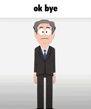 A cartoon businessman stands under the text “ok bye”.