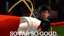a cartoon of a boy standing next to an airplane with the words so far so good written below him