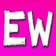 Large hand-drawn white letters spell “EW” on a vivid pink background.