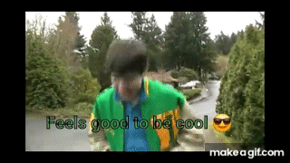 a man in a green jacket with the words feels good to be cool on the bottom