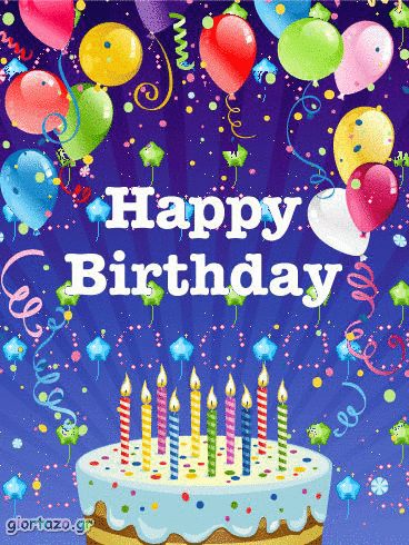 A colorful birthday card shows balloons, a cake with candles, and “Happy Birthday.”