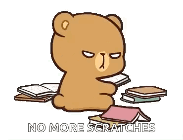 A brown cartoon bear sits amid scattered books with an irritated glare.