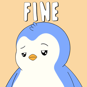 A blue cartoon penguin looks resigned beneath the word “FINE”.