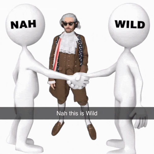 Two gray figures shake hands while one says “NAH” and the other says “WILD.”