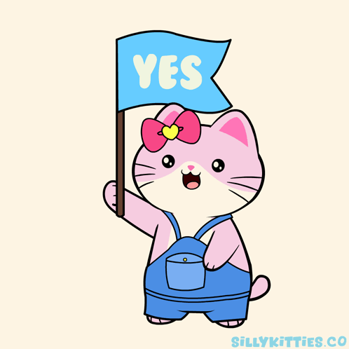 A pink cartoon cat holds up a blue sign saying “YES.”