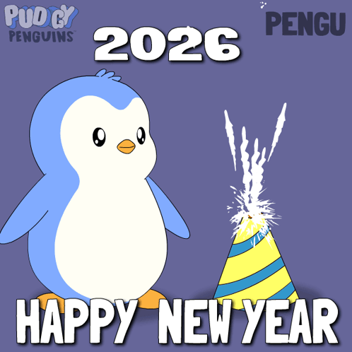 a penguin with a party hat and the year 2026