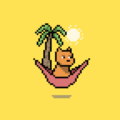 a pixel art drawing of a cat laying in a hammock under a palm tree