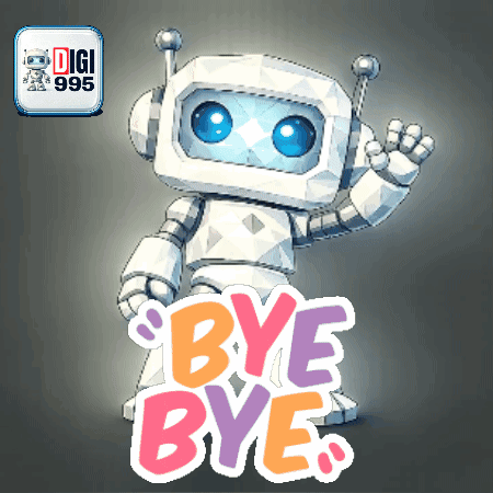 A silver robot waves beside pink “BYE BYE” lettering.
