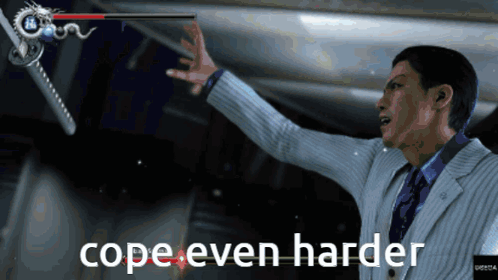 a man in a suit and tie stands in front of a dragon with the words cope even harder written below him