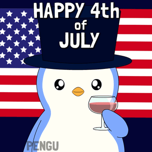 a penguin wearing a top hat holds a glass of wine in front of an american flag