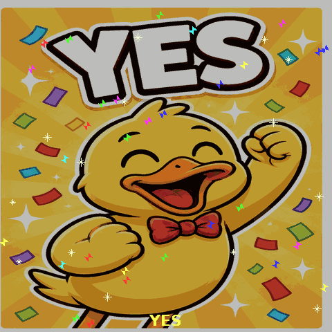 A cheerful yellow duck raises its wings beneath a large “YES.”
