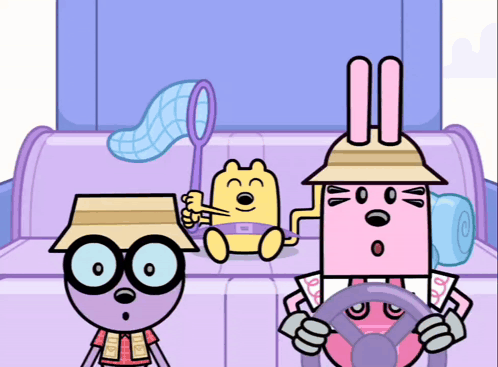 a group of cartoon characters are sitting on a couch and one of them is wearing a hat