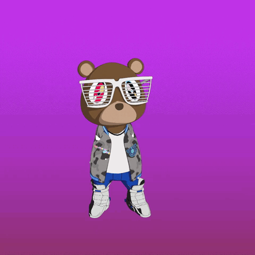 a brown teddy bear wearing sunglasses and a jacket with a purple background