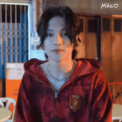 a young man wearing a red hoodie and a chain around his neck is looking at the camera .