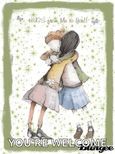 Two illustrated girls embrace in a soft pastel scene filled with sparkling stars.