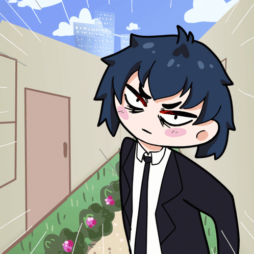An anime character in a black suit stands with a tense, hostile expression.