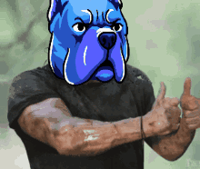 A muscular blue bulldog-headed character gives two thumbs up.