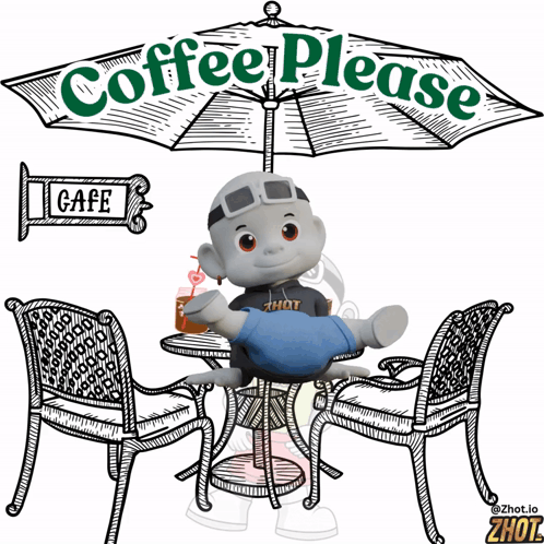 a cartoon character is doing a handstand in front of a coffee please sign