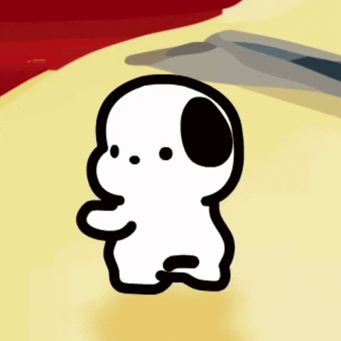 Pochacco dances on a bright yellow background.