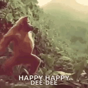 An ape dances in foliage with “HAPPY HAPPY DEEP!!!” text.