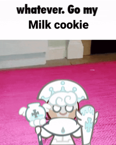 Milk Cookie character appears on pink carpet under a meme caption.