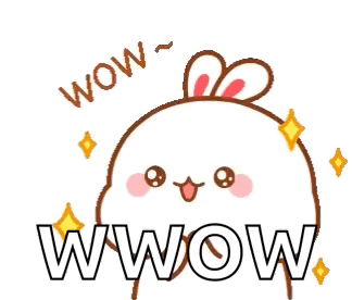 A cheerful white cartoon bunny waves amid sparkles and “WWOW” text.