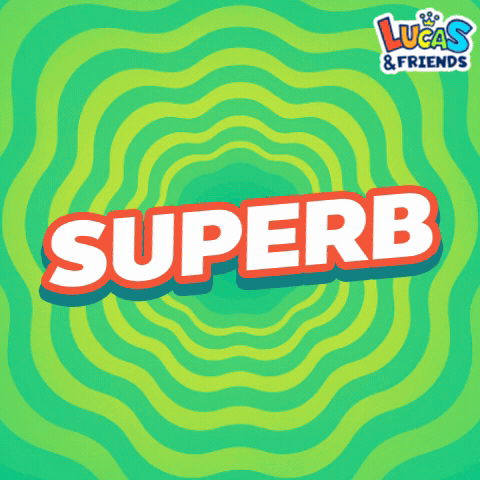 Large white-and-red lettering says “SUPERB” over a bright green wavy background.