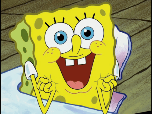 SpongeBob smiles eagerly with both hands raised near his face.
