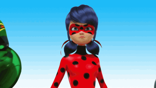 a ladybug cartoon character with purple hair and black spots