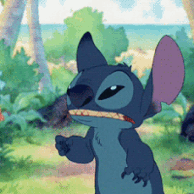 Stitch covers his face in an anxious, stressed reaction.