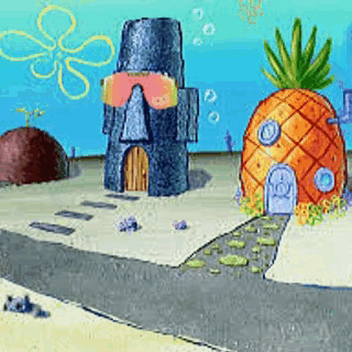 a cartoon scene from spongebob squarepants with a pineapple house and a spongebob house