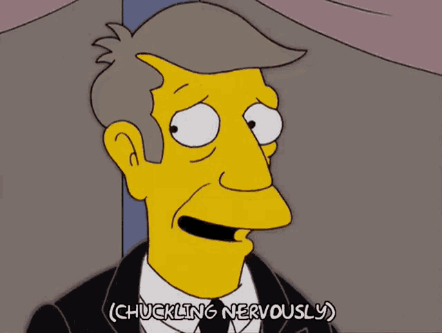 Principal Skinner looks aside as the subtitle reads “(CHUCKLING NERVOUSLY).”