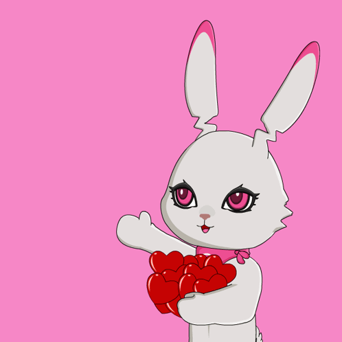 a white bunny with pink eyes is holding a bunch of red hearts