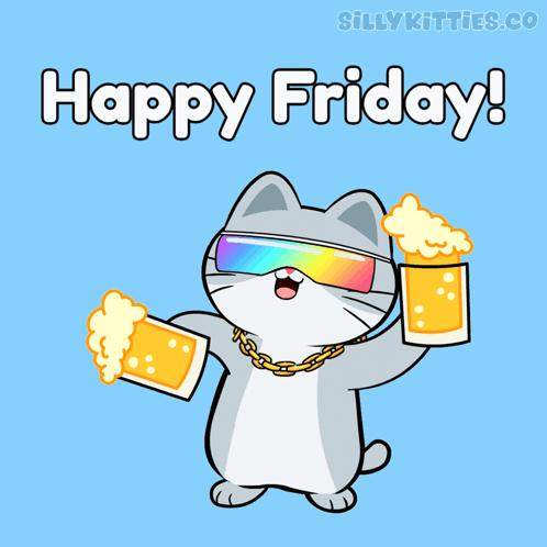 a cartoon of a cat wearing sunglasses and holding two beers with the words " happy friday " below it