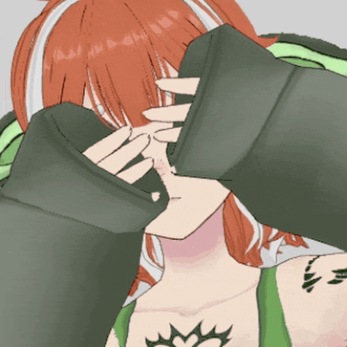 a drawing of a girl with red hair covering her face