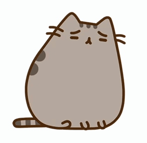 Pusheen stands with a small resigned frown.