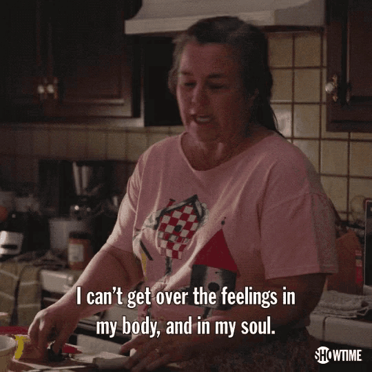 a woman in a pink shirt is saying i can 't get over the feelings in my body and in my soul