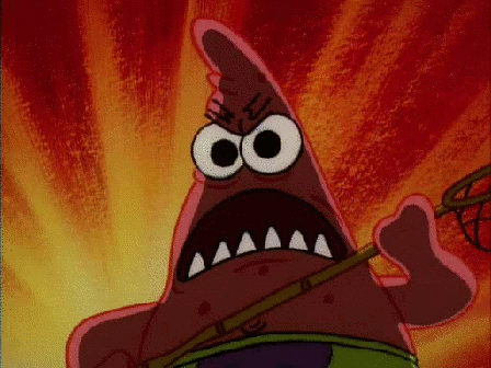 Patrick Star screams in fury against a fiery background.