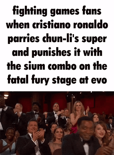 a group of people are clapping in a theater and the caption says fighting games fans when cristiano ronaldo