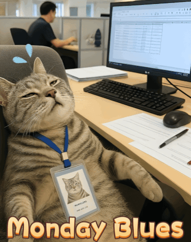 a cat laying at a desk with a monday blues badge