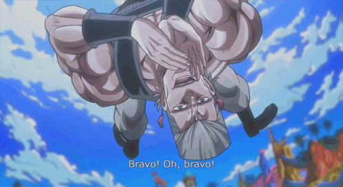 a man is upside down with the words bravo oh bravo on the bottom