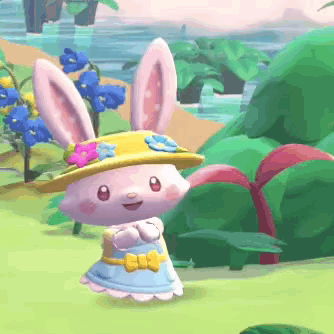 a cartoon bunny wearing a hat and a dress