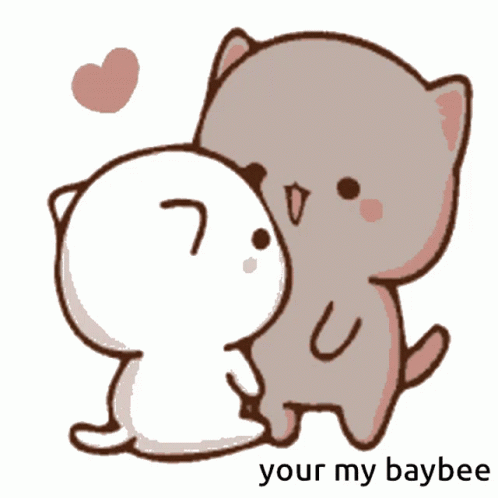 Two small cartoon animals stand together with a heart and “your my baybee” text.