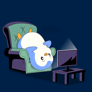 a cartoon of a penguin laying in a chair watching a television