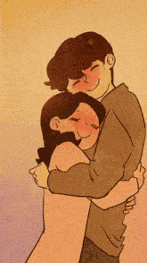 An illustrated couple hugs closely against a warm tan background.