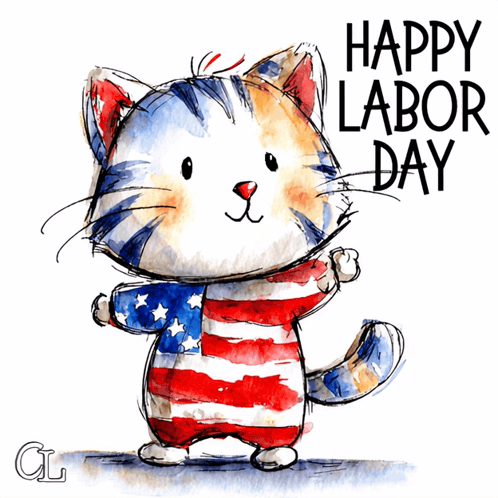 a cat is wearing an american flag shirt and the words happy labor day are above it