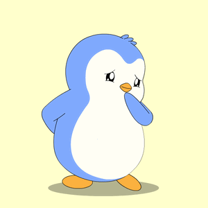 a blue and white penguin covering its mouth with its hand