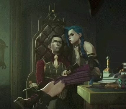 a man sits in a chair next to a woman with blue hair